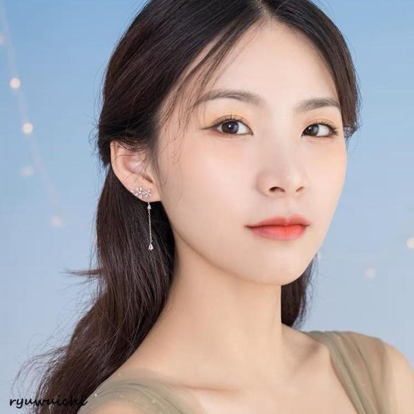 ピアス レディース 揺れる お花 チェーン オシャレ 大人可愛い 上品 2way プラチナ仕上げ シルバー925 女性  誕生日プレゼントの画像