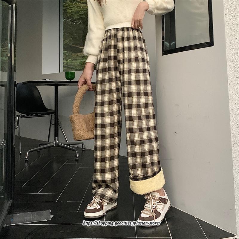 ワイドパンツ ガウチョパンツ 裏起毛 チェック柄 体型カバー