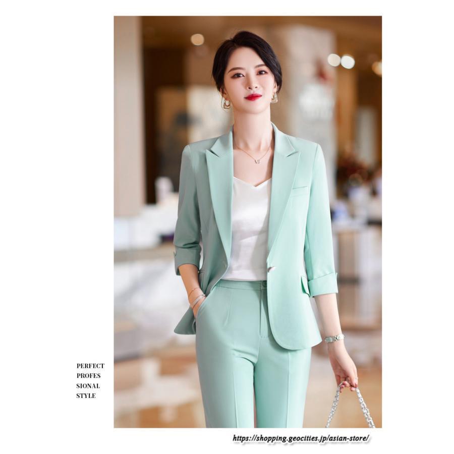 七分袖パンツスーツ レディース 春夏服 夏スーツ 7分袖テーラード