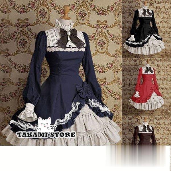 洋服 長袖 ロリータ 姫系 かわいい 安い ゴスロリハイネック ラッパそで 色をつづる リボンワンピース ロリータ ワンピース 学院風 lolita ロングスカート の商品画像