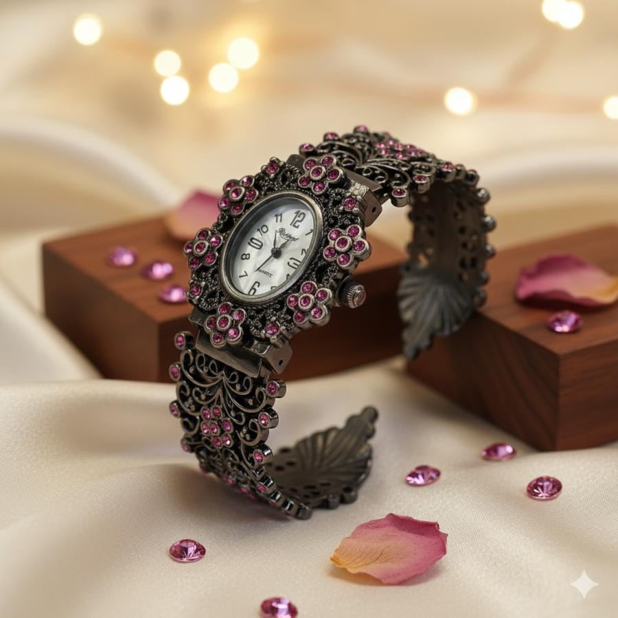 バングルウォッチ アンティーク調 クラシック A ピンク ラインストーン