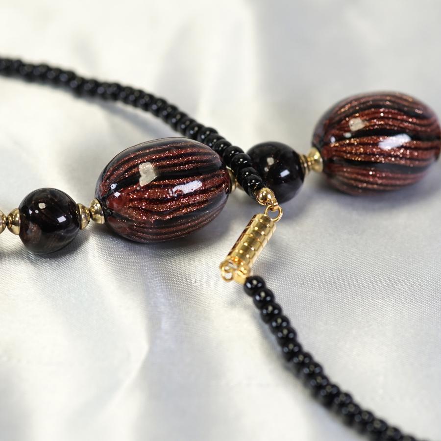 ネックレス ロング ベネチアングラス イタリア製 大粒 黒 金茶入り ベネチアンガラスの画像