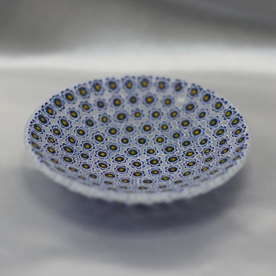 ベネチアングラス 皿 小 直径80mm ミルフィオーリ 白・紺・オレンジ