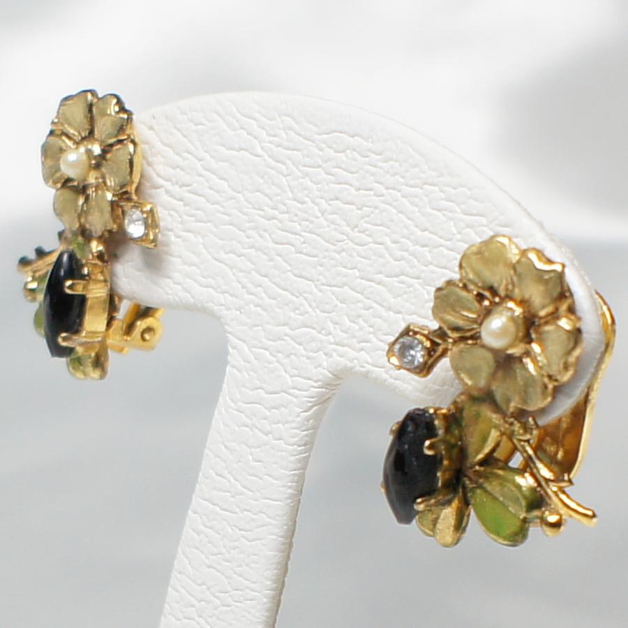 イヤリング イタリア製 ヴィンテージ スワロフスキー クリスタル 花 黒