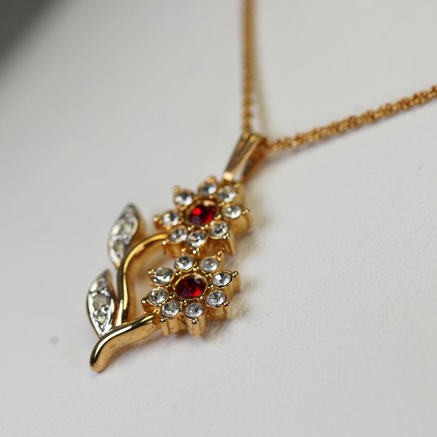 ネックレス カナダ製 22KT ゴールド プレート 花 赤 ロッソ ゴールド ヴィンテージ 22KGPの画像