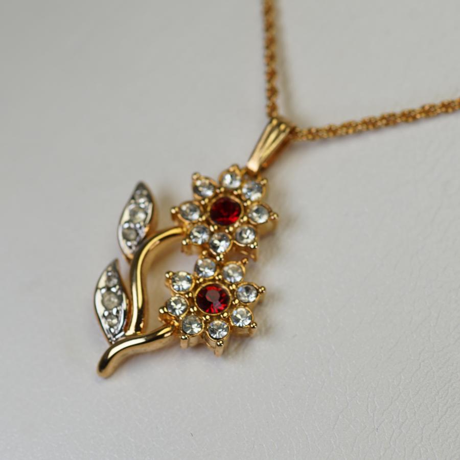 ネックレス カナダ製 22KT ゴールド プレート 花 赤 ロッソ ゴールド ヴィンテージ 22KGPの画像