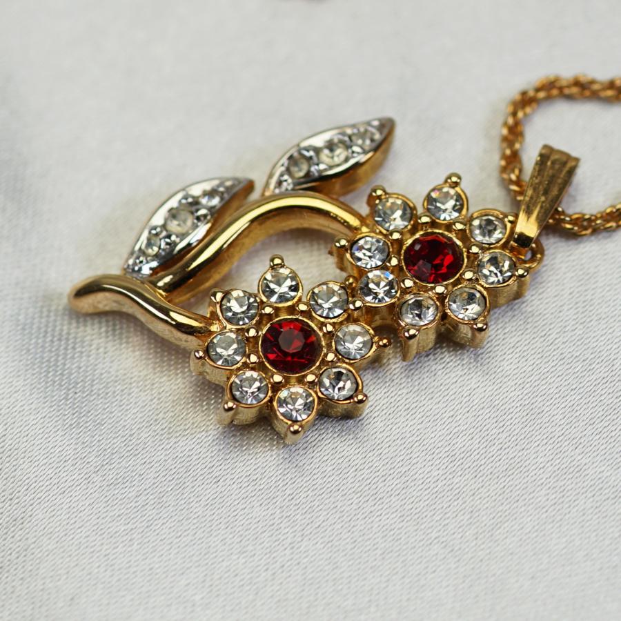ネックレス カナダ製 22KT ゴールド プレート 花 赤 ロッソ ゴールド ヴィンテージ 22KGPの画像