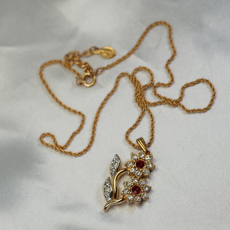ネックレス カナダ製 22KT ゴールド プレート 花 赤 ロッソ ゴールド ヴィンテージ 22KGPの画像