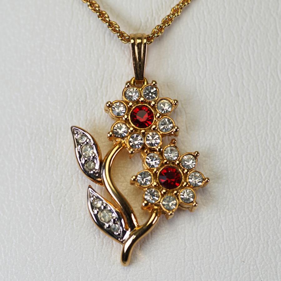 ネックレス カナダ製 22KT ゴールド プレート 花 赤 ロッソ ゴールド ヴィンテージ 22KGPの画像