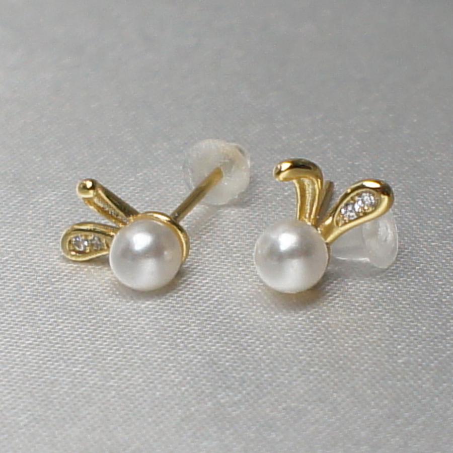 ピアス 金色の片耳折れウサギ耳パールピアス Golden one-ear bent 