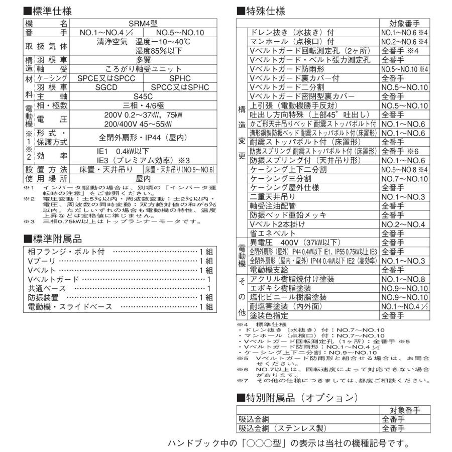 荏原ファン エバラ3.7kw 4極 3相 エバラ3 SRM4屋外床置 風量 荏原ファン エバラ3.7kw 4極 3相 エバラ3 SRM4屋外床置 風量