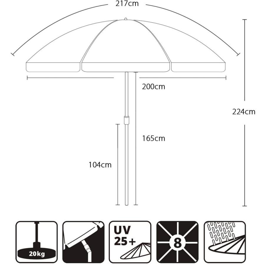 Sekey ビーチパラソル 直径200cm×高さ224cm チルト機能付き  海用傘 日除け UVカット 汎用 カーキ【1年保証】｜sekey-online｜02