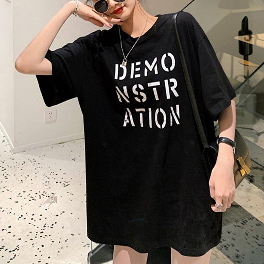ロング Tシャツ レディース 半袖 カットソー 体型カバー 英字プリント