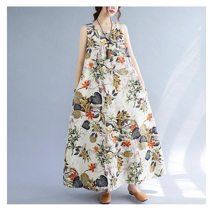 ワンピース マキシワンピース レディース ロングワンピース 綿麻 40代 花柄 キャミ ロング リネン マキシ丈 大きいサイズ 体型カバー ゆったり 6l 送料無料 超お買い得