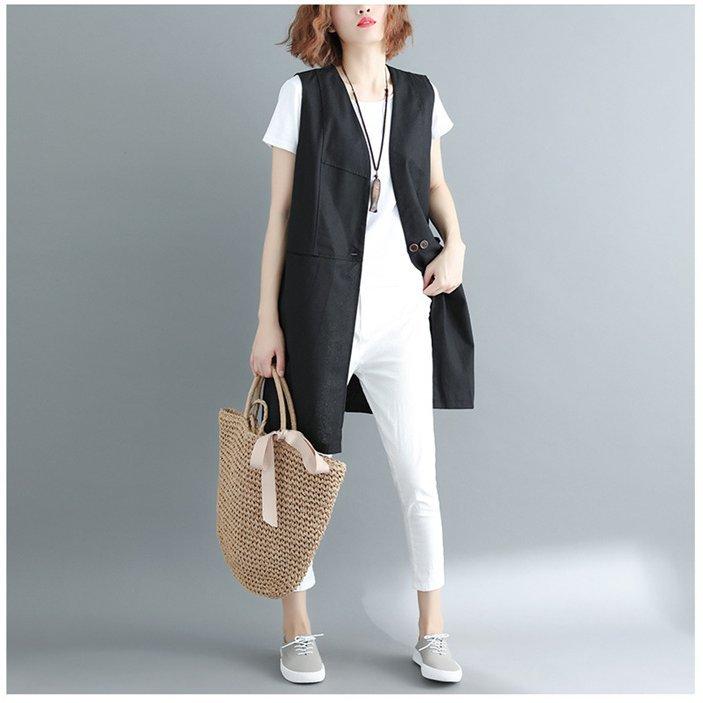 ベスト ジレ 前開きレディース ロング ノースリーブ 黒 春 リネン