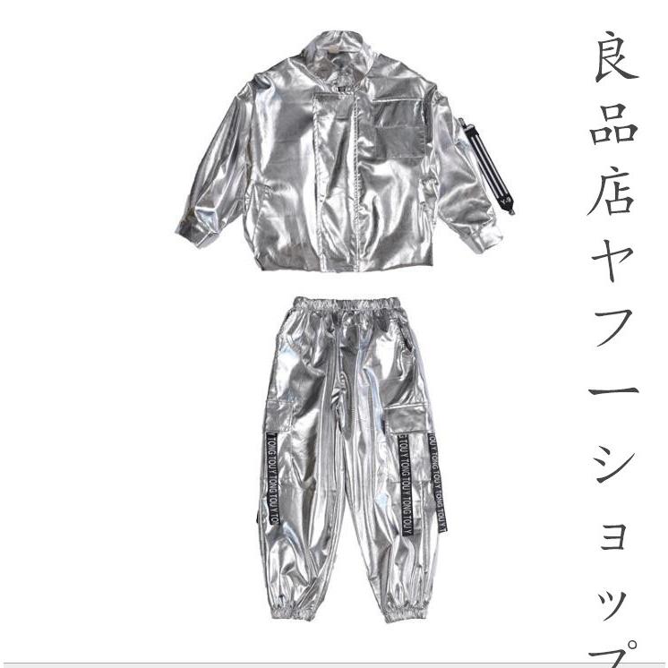 社交ダンス★キラキラ★3点★セットアップ★オリジナル★M 銀色系 スパンコール キッズダンス衣装 セットアップ ヒップホップ