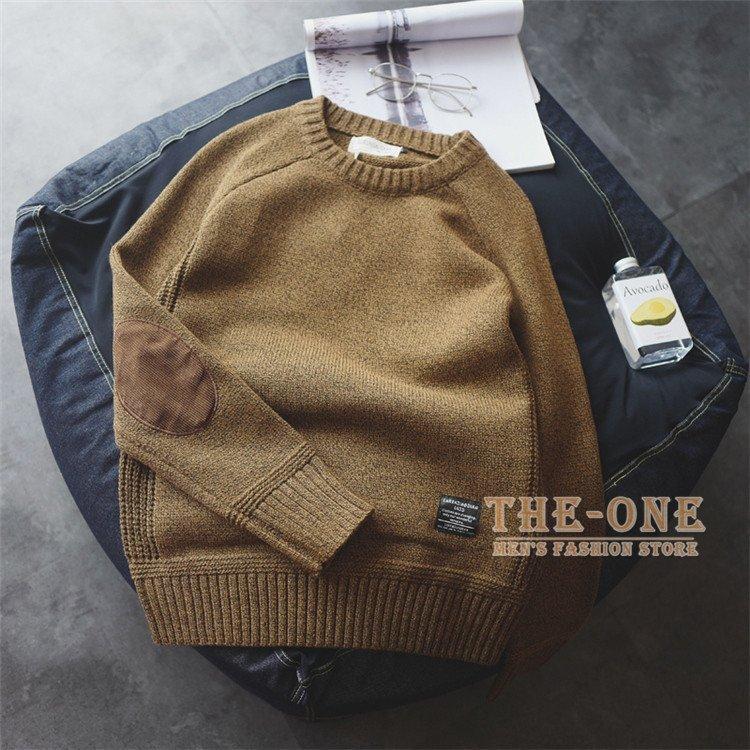 ニット メンズ 長袖 クルーネック ニットセーター 肘当て付き エルボー
