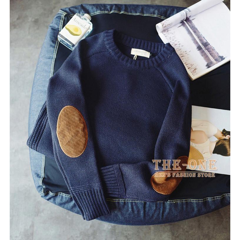 ニット メンズ 長袖 クルーネック ニットセーター 肘当て付き エルボー