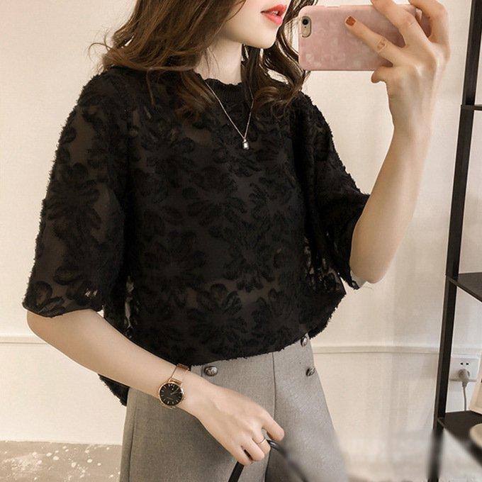 ブラウス レディース シャツ 半袖 ゆったり 白 レース花柄 シアー