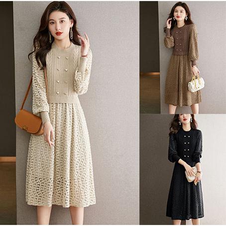 ロングワンピース 長袖 黒 ニットワンピース ランタンスリーブ