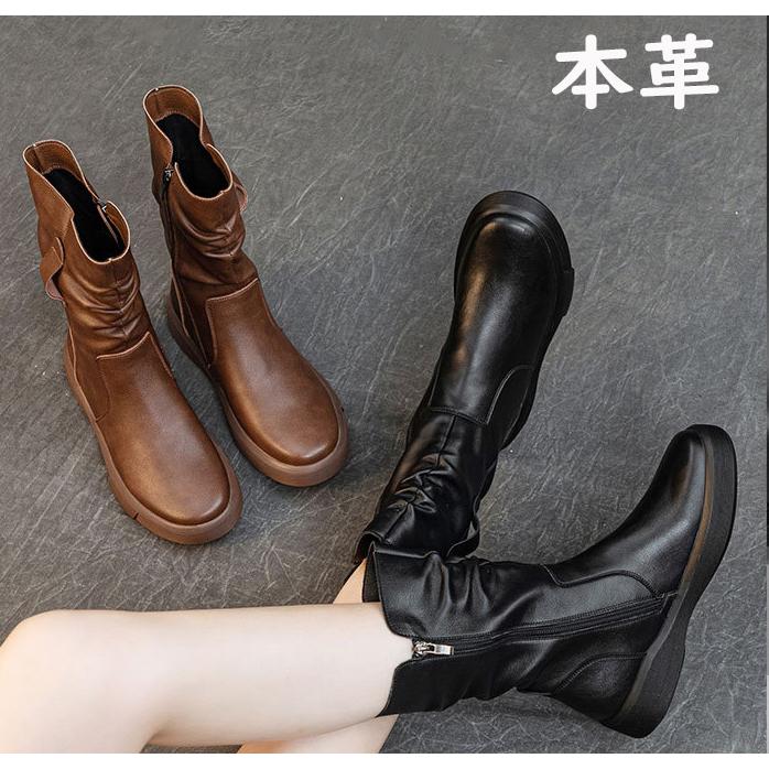ブーツ レディース 本革 ミドルブーツ 紐なし サイドジッパー 黒