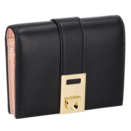 フェラガモ Ferragamo 財布 二つ折り財布 折りたたみ財布 220633 770850 ガンチーニ NERO/NYLUND PINK ブラック+ピンク系 財布 本革 レザ FERRAGAMO（フェラガモ） 二つ折り財布 コンパクト財布 レディース