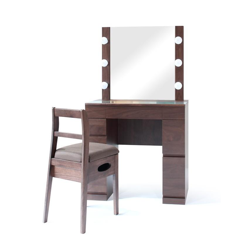 クリスタルSofia女優ミラー ウォールナット 一面鏡ハリウッドミラー LEDドレッサー椅子付き 国産 デスク 関本家具 アンテカルネ