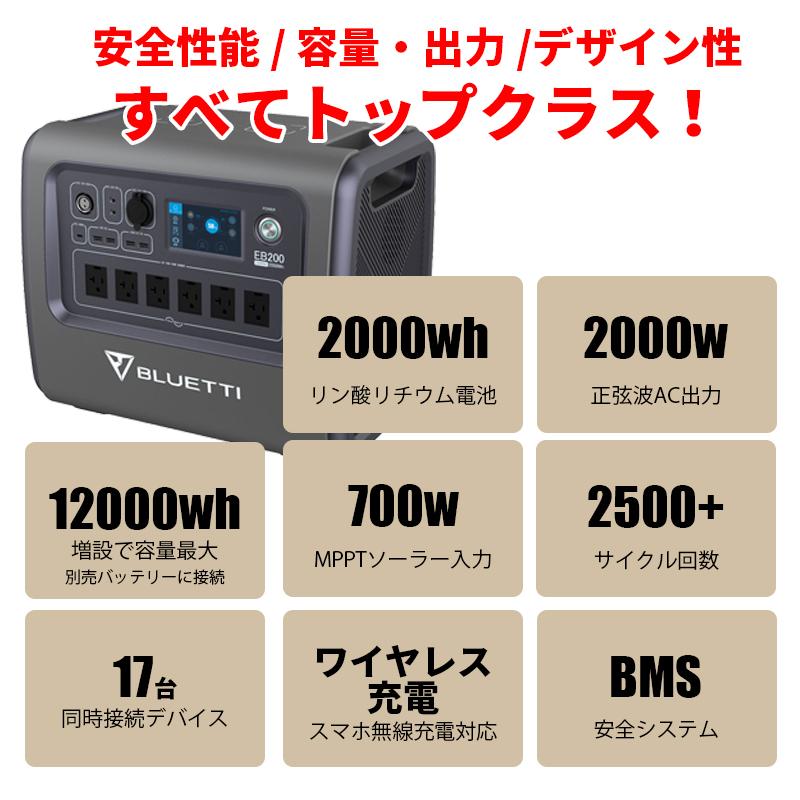 BLUETTI シリーズ最高峰 ポータブル電源 2000wh容量 2000w出力 PS200 単結晶100w×2枚 200w ソーラーパネルセット  正弦波 MPPT ワイヤレス充電 AC200 :eb200-100m:株式会社関谷ヤフー店 - 通販 - Yahoo!ショッピング