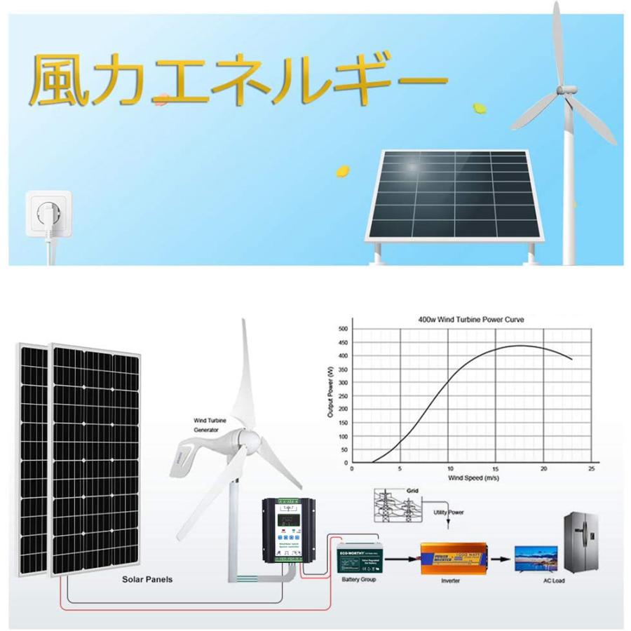 風力×太陽光 ハイブリッド発電セット 800wセット 12V/24V 400 W風力発電機 + 12V 100W ソーラーパネル 4枚 太陽光 チャージ｜sekiya2020｜06