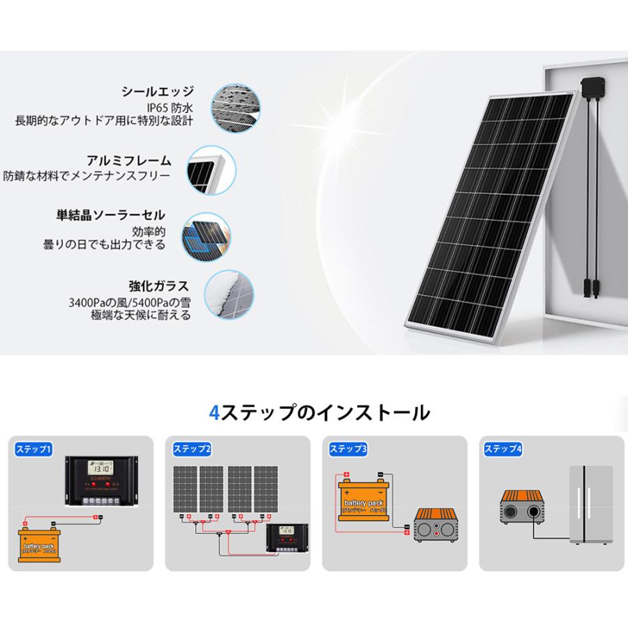 400W ソーラーパネルキット 太陽光発電 60A ソーラー充電コントローラー 100Ahリチウム蓄電池 1100wインバーター SEKIYA｜sekiyaeco｜03