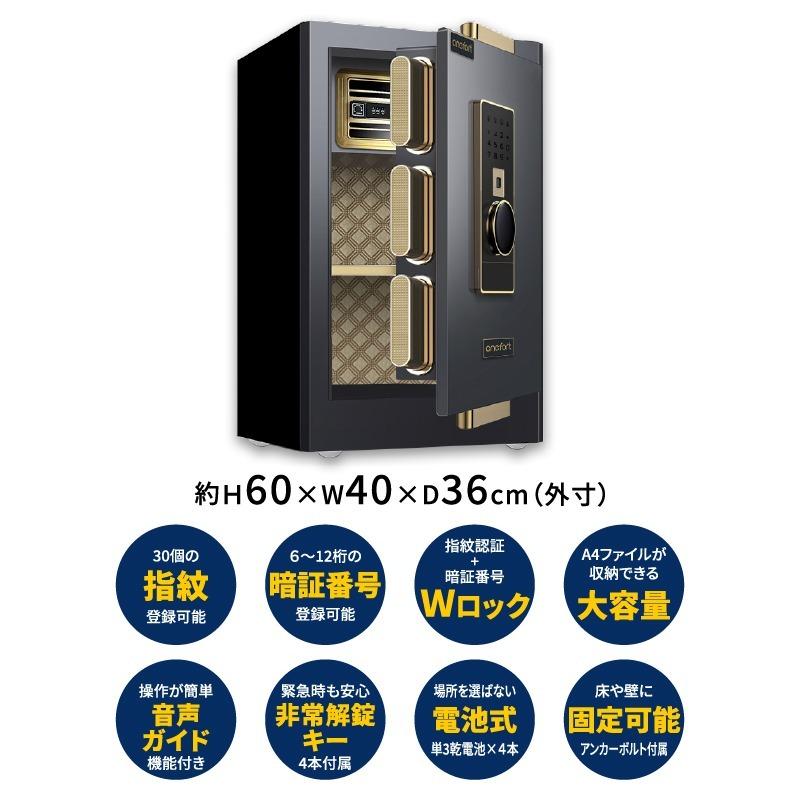 金庫 家庭用 小型 容量 48L おしゃれ 60×40×36cm 鍵付き 指紋認証