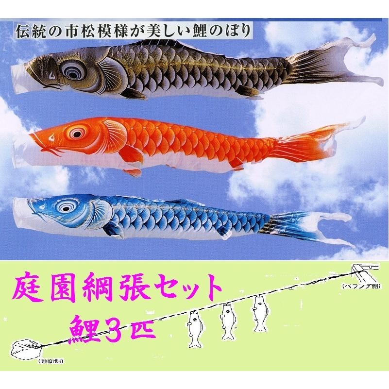 鯉のぼり☆庭園綱張セット☆煌き鯉３匹１２号☆お庭などにロープを張り鯉幟を取り付ける簡単おてがるセット（こいのぼり付フルセット化粧箱入）