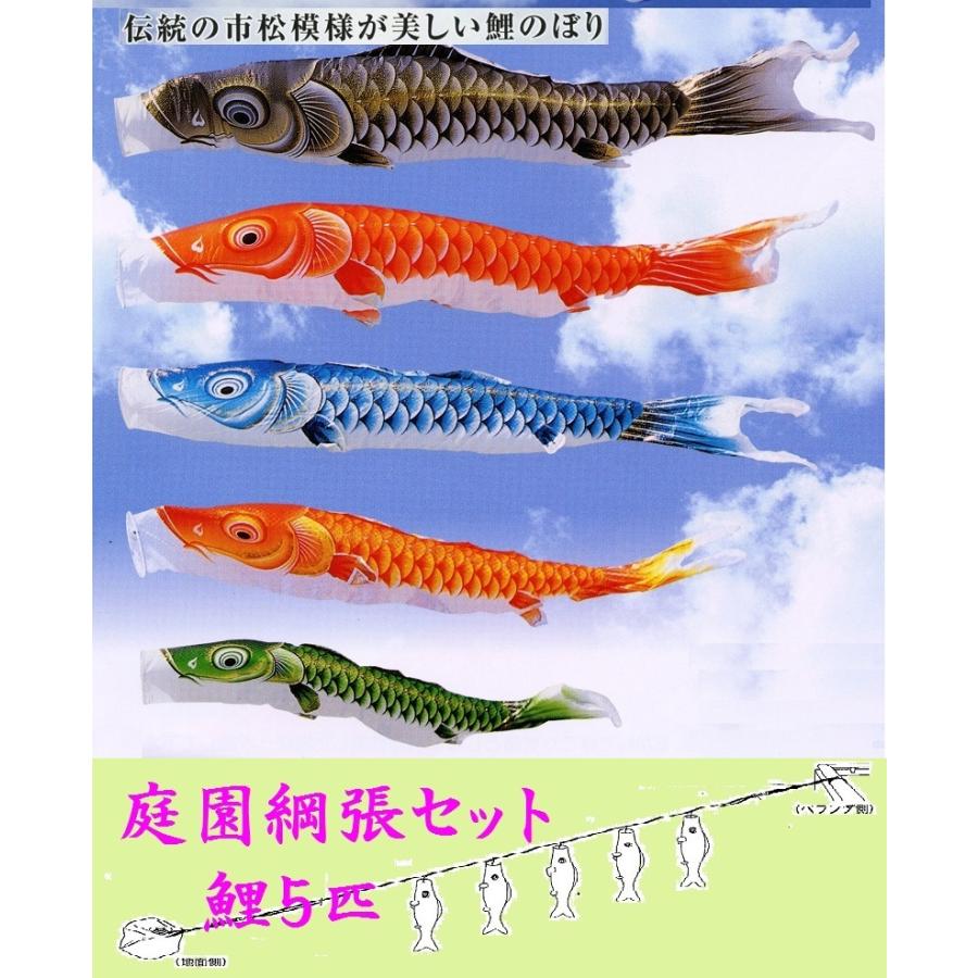 鯉のぼり☆庭園綱張セット☆煌き鯉５匹１５号☆お庭などにロープを張り鯉幟を取り付ける簡単おてがるセット（こいのぼり付フルセット化粧箱入）