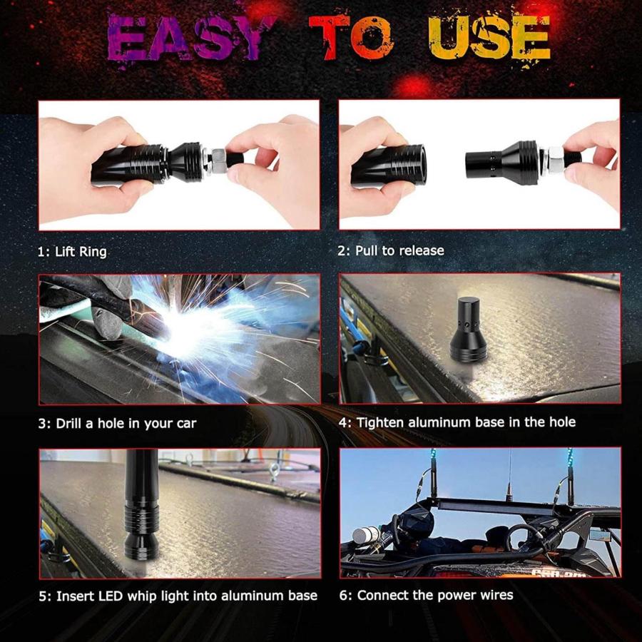 チェイシングウィップライト LED ホイップライト、APP 制御 旗竿ランプ 360° 照明 300 パターン IP67 防水ボート用 UTV (3フ