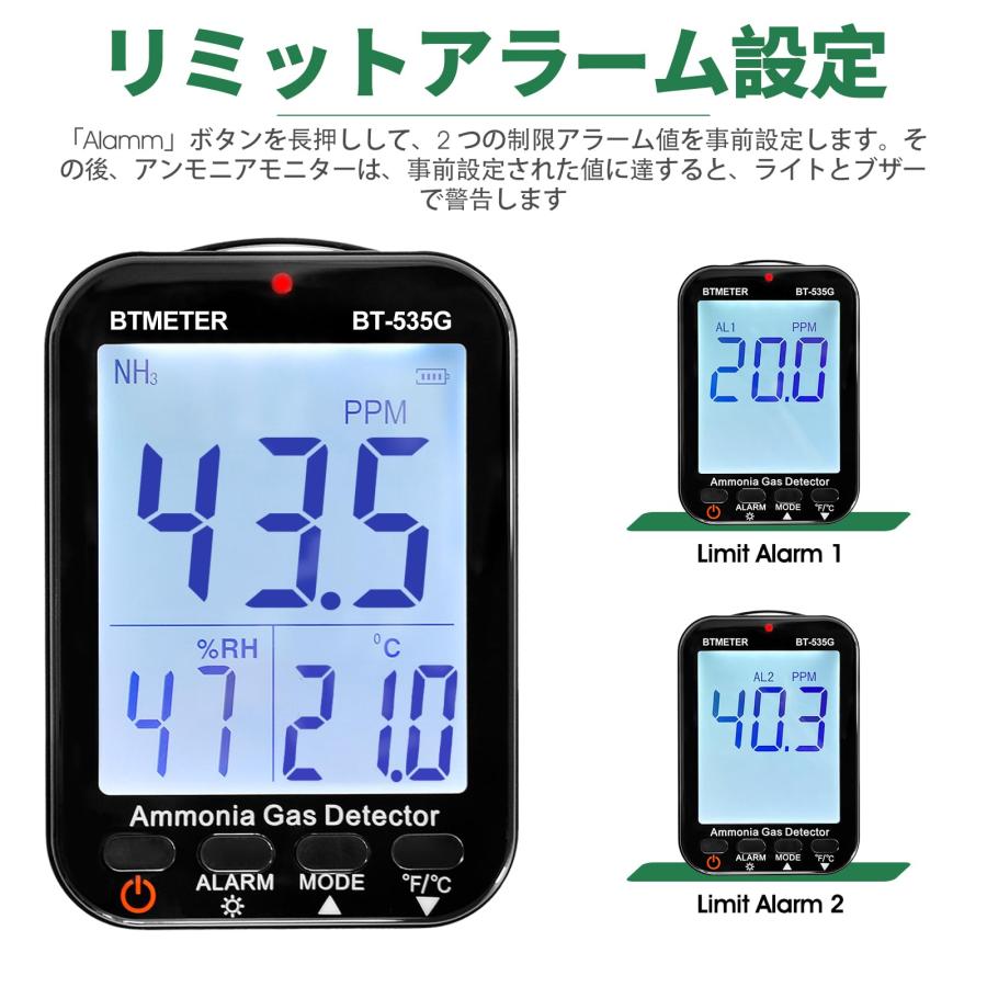 BTMETER BT-535G 臭気測定器アンモニア検知器 NH3濃度検出器 測定範囲0-100ppm分解能 0.1 PPM、アラーム、温度（?/℃）_3