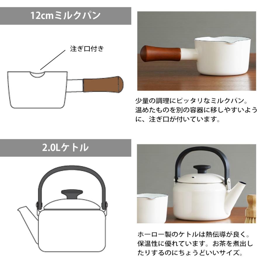 【9,900円相当】福袋 富士ホーロー ナチュール3点セット 琺瑯 直火 ガス火 片手鍋 ミルクパン 12cm ケトル 2.0L 2L 天然素材パームブラシ たわし お正月 初売り | ナチュールシリーズ | 02