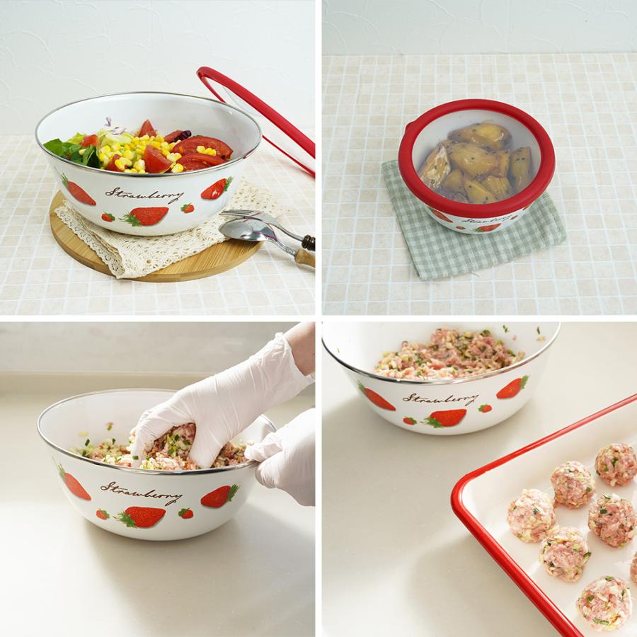 イチゴデザイン 蓋付きボウル 3個セット ホーローボウル イチゴ