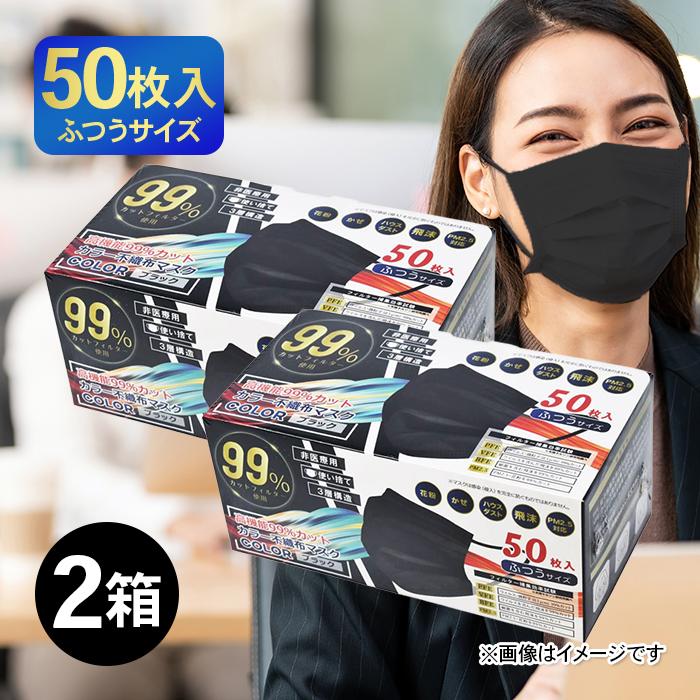 未使用 フェイスマスク ブラック フィルター2個付き カラー 不織布マスク 黒マスク ふつうサイズ 50枚入×2個セット