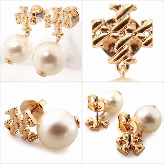 【並行輸入品】TORY BURCH トリバーチ アウトレット アクセサリー ゴールド テクスチャードロープロゴ パール ドロップ ピアス 164142 137 n250723 | TORY BURCH | 01