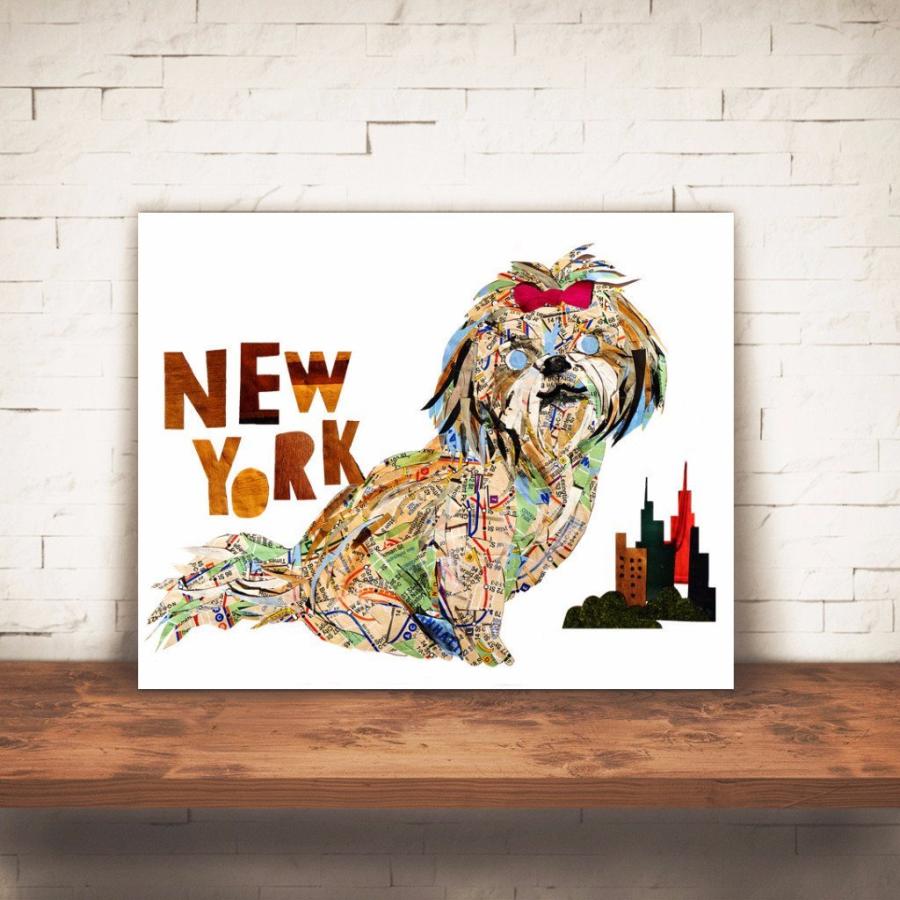 アートプリント 切り絵 貼り絵 A4 シーズー 犬 おしゃれ ニューヨーク