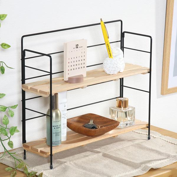 棚 ラック 2段 ワイド 北欧 卓上 ディスプレイ キッチン収納 収納ラック 収納棚 おしゃれ スリム オープンラック リビング 折り畳み ウッド ミニシェルフ | 