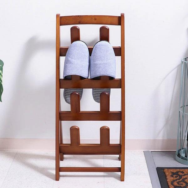 スリッパラック スリッパスタンド ブラウン 折りたたみ 木製 ルームシューズラック 玄関 エントランス 入口 来客 幅275×奥行230×高さ640mm | 