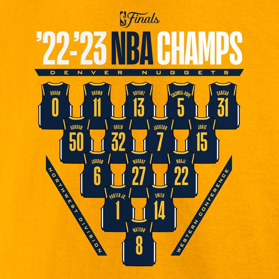 NBA ナゲッツ Tシャツ NBAファイナル2023 優勝記念 Close Out Jersey Roster T-Shirt Fanatics Branded ゴールド｜selection-j｜05