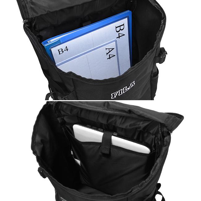 新品・未使用／タグ付き　FILA 撥水リュック　バックパック（ブラック・30L） FILA 最大42% 8/9限定 フィラ リュック 30L 大容量 女子 男子