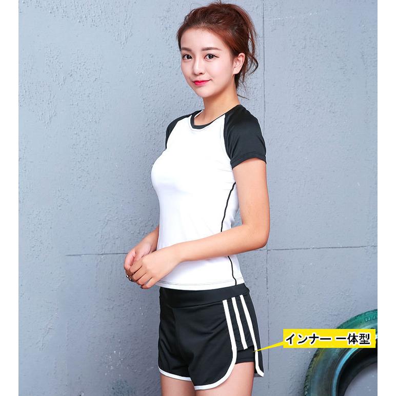 スポーツウェア レディース トレーニング ジム 上下 スパッツ一体型 ２点セット 半袖 ショートパンツ 速乾 伸縮 動きやすい ホワイト |  | 02