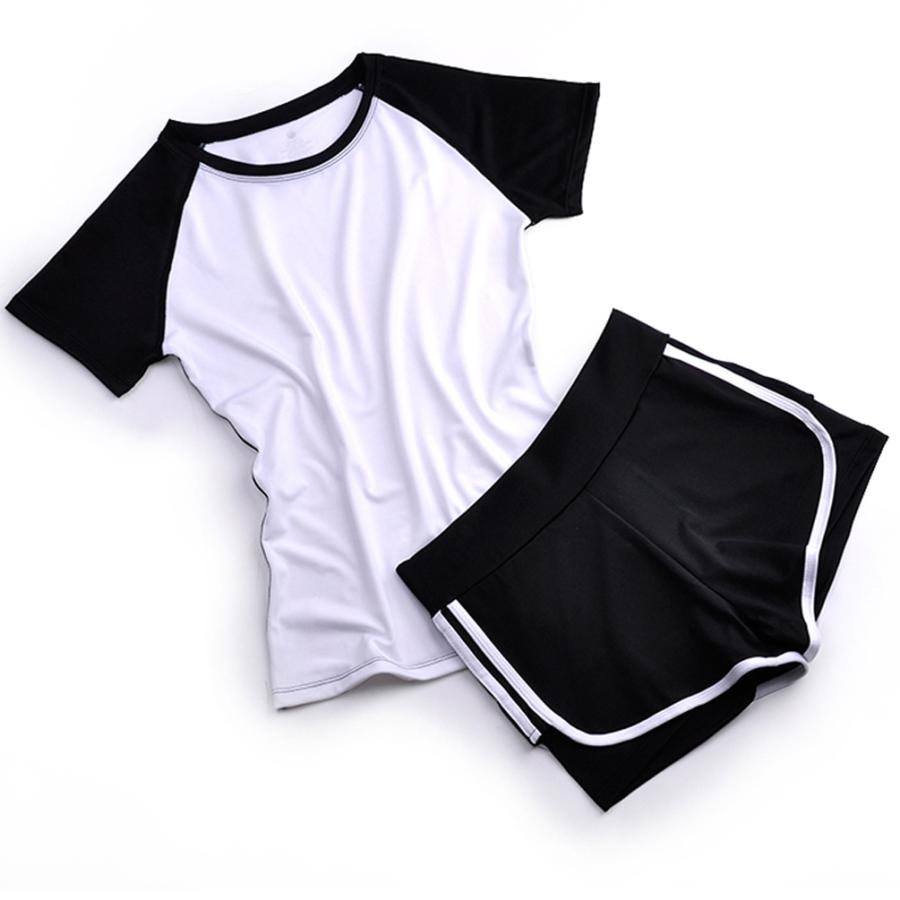 スポーツウェア レディース トレーニング ジム 上下 スパッツ一体型 ２点セット 半袖 ショートパンツ 速乾 伸縮 動きやすい ホワイト |  | 05