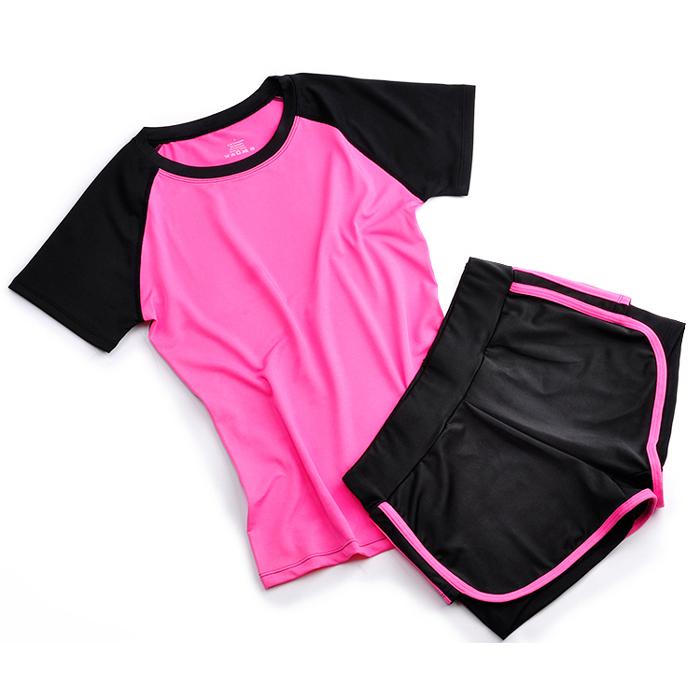 スポーツウェア レディース トレーニング ジム 上下２点セット 速乾 スパッツ一体型  半袖 ショートパンツ 可愛い ビビットピンク |  | 05