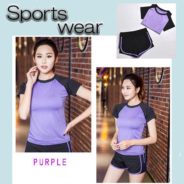 スポーツウェア レディース パープル トレーニング ジム ヨガ 上下 ２点セット スパッツ一体型  半袖 ショートパンツ 速乾 伸縮 | 