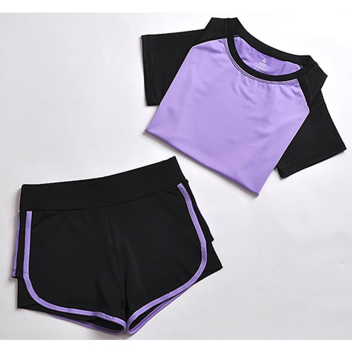 スポーツウェア レディース パープル トレーニング ジム ヨガ 上下 ２点セット スパッツ一体型  半袖 ショートパンツ 速乾 伸縮 |  | 01