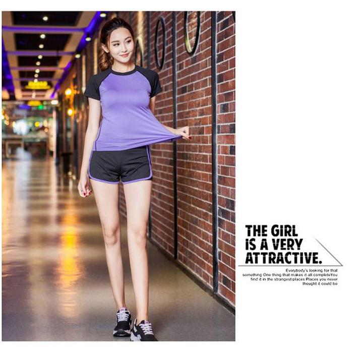 スポーツウェア レディース パープル トレーニング ジム ヨガ 上下 ２点セット スパッツ一体型  半袖 ショートパンツ 速乾 伸縮 |  | 02